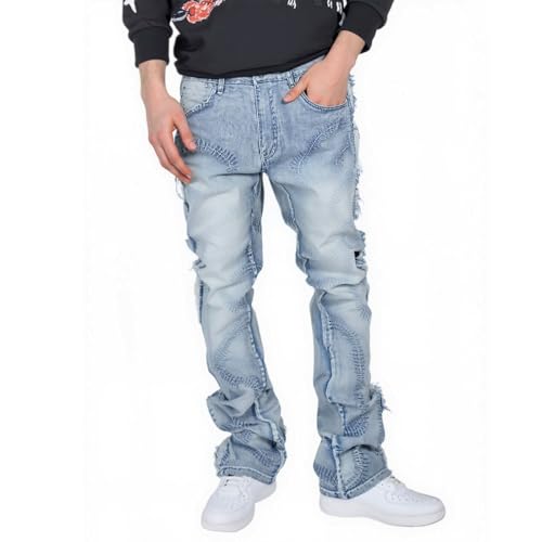 Stacked Flare Jeans Men Slim Fit Distressed Stretch Hip Hop Jeans Straight Leg Y2k Embroidery Aesthetic Denim Pants