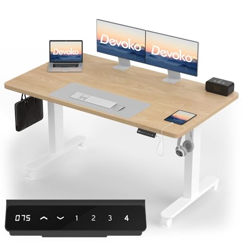 Devoko Höhenverstellbarer Schreibtisch mit 2 Motoren，25mm Einteilige Tischplatte, 140x70 cm Mobiler Elektrisch Computertisch mit Kabel Management, Eiche - Perfekte Ergonomie für Dein Büro