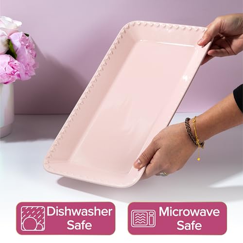 Paris Hilton Rectangle Ceramic Stoneware Serving Platter Tray, Embossed Hearts, Microwave Safe, 15x8-Inch, Pink - Thumbnail 4