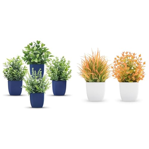 Der Rose Bundle of 4 Pack Small Fake Plants Artificial Plants and 2 Pack Small Fall Fake Plants Mini Artificial Potted Plants for Aesthetic Room Decor Blue Bathroom Decor