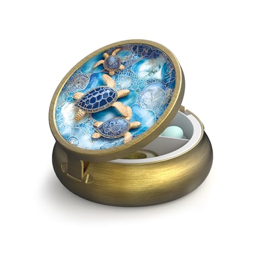 Small Pill Case Pill Box with Mirror Retro 3 Compartment Pill Holder for Purse or Pocket Bronze Portable Medicine Vitamin Container Fish Oil and Supplement Storage BPA-Free(Blue Sea Turtles)
