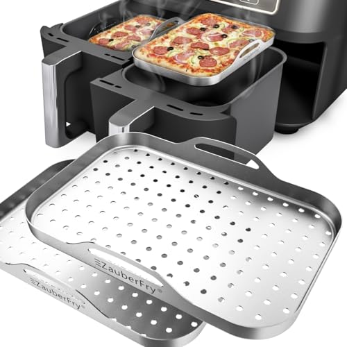 ZauberFry 2er-Set Edelstahl-Pizzaeinsätze (rechteckig gelocht) kompatibel mit Ninja Heißluftfritteusen AF300EU / AF400EU / AF500EU / SL400EU Pizzablech Pizza Zubehör