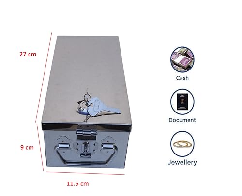 Image of Stainless Steel Bank Locker Box, Cash Drawer, Jewellery Storage Container Peti Size - 10 Inch (L-26.5cm, W-11cm, H-8.5cm)(With Pre fited Lock & 2 Key)