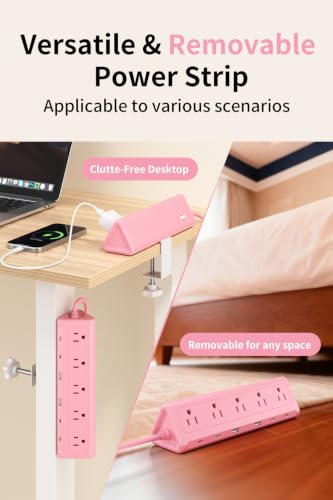 Image of 6.5 FT Desk Clamp Power Strip with 5 AC Outlets & 6 USB Ports PD 40W USB-C Fast Charging, Extension Cord with Multiple Outlets, Fits 2.1 in top Edge Pink