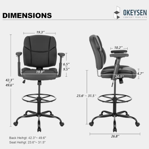 Image of Okeysen Drafting Chair Standing Desk Chair, 500 LBS Leather Big and Tall Office Chair with Adjustable Armrests & Foot Ring, Modern Tall Desk Chair with Mid Back, Swivel Rolling Drafting Stool.
