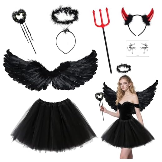 Disfraz Angel Nero, Alas de Angel Negro con Halo de ángel, Cuernos de Diablo, Tenedor y Falda de Tutú, Disfraz de Hada y de Diablo de Adultos para Halloween, Carnaval, Cosplay y Fiesta Disfraces