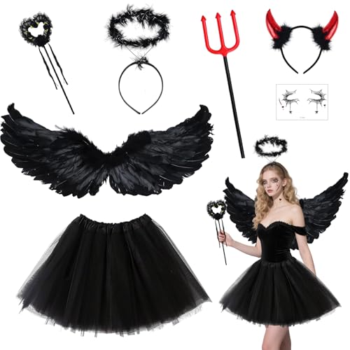 BITOYO Teufel Kostüm Schwarz Engel Kostüm Damen Mädchen, Engelsflügel mit Schwarze Flügel Heiligenschein Zauberstab Teufelshörner Heugabel Tutu...