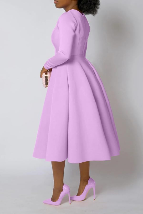 Famnbro Women's Vintage Cocktail Dresses 1950s Round Neck Long Sleeve A Line Formal Church Swing Maxi Dress - Image 3