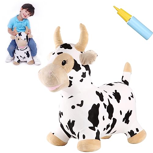 Image of INPANY Bouncy Cow Farm Animal Hopper Toys, Toddler Plush Bouncing Inflatable Bouncer, Ride on Hopping Horse, Indoor Outdoor Cowboy Rodeo Birthday Party Decorations Gifts for 2 3 4 Year Old Girls Boys