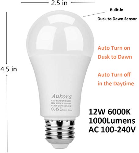 Aukora Dusk To Dawn Light Bulb, 12W (100-Watt Equivalent) Smart Sensor Light Bulbs Super Bright E26 Automatic On/Off Security Lights Outdoor/Indoor For Porch Garage Garden Patio(Cool White 2 Pack) #TOP1