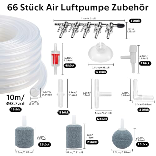 Annickee 66PCS Air Luftpumpe Zubehör, Aquarium Zubehör inkl. 5-Wege Luftverteiler, 10M Silikonschlauch, Luftstein, Rückschlagventilen, Regelbare Ventile, Saugnäpfen, I/T/L Form Anschlüssen
