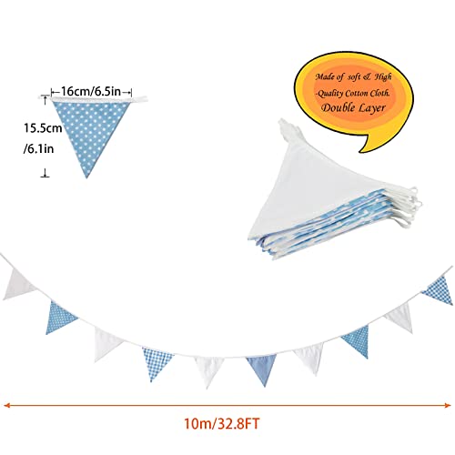 Image of Zwiebeco 32Ft Blue White Plaid Dot Fabric Bunting Banner Triangle Flags Cotton Garland Pennant for Birthday Wedding Baby Shower Engagement Tea Party Classroom Nursery Home Outdoor Garden Decorations