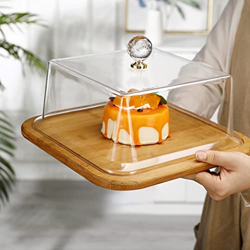 Ganazono Wood Cake Tray With Acrylic Dome Cover Wood Server Cake Stand Square Cake Display Plate Bread Serving Platter Dessert Storage Tray For Wedding Party Supplies #TOP5