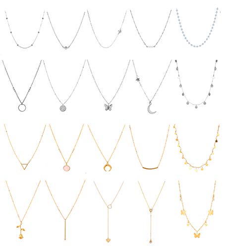 Honsny 20 PCS Choker Necklaces for Women Moon and Star Layered Chain Necklace Silver Gold Adjustable Pendant Necklaces DIY Multilayer Necklace Set
