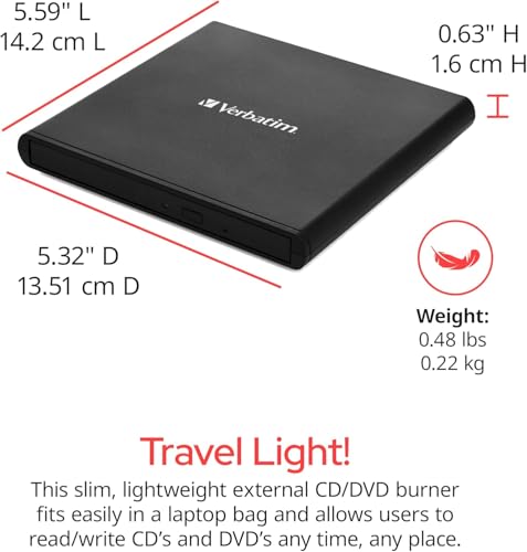 Image of Verbatim Slim External Burner CD /DVD + /-RW Optical Drive USB 2.0 with USB A to USB C Adapter and M-DISC Support - Mac & PC Compatible Nero Burn & Archive Software Included (Windows only)