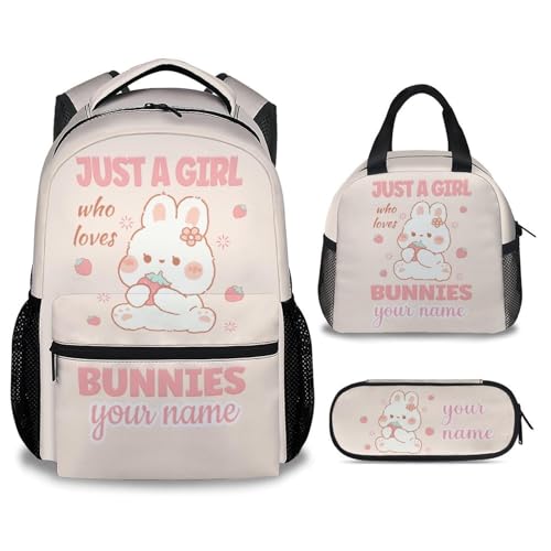 Custom Bunny Kids Backpack with Lunch Box, Set of 3 School Backpacks Matching Combo, Cute Pink Bookbag and Pencil Case Bundle