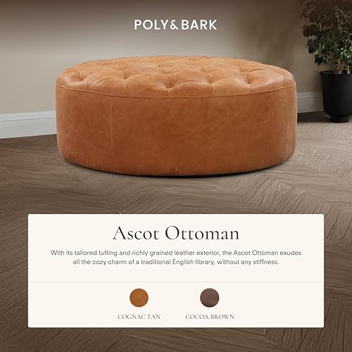 Image of POLY & BARK Ascot Ottoman - 40 inch Round Pouf with Feather-Down Topper - Full-Grain Leather Upholstered Pouf Ottoman for Living Room - Vintage Italian Leather in Cognac Tan