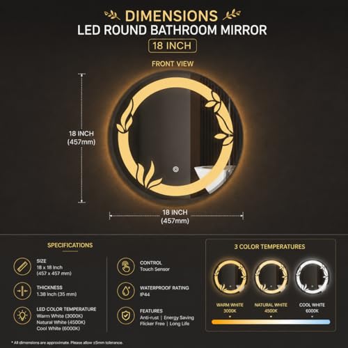 Image of LED Smart Bathroom Mirror with Touch Sensor | 3-in-1 Light Modes - Warm White | Cool White & Natural Light | Office and Home Use (Round 2nd, 18x18)