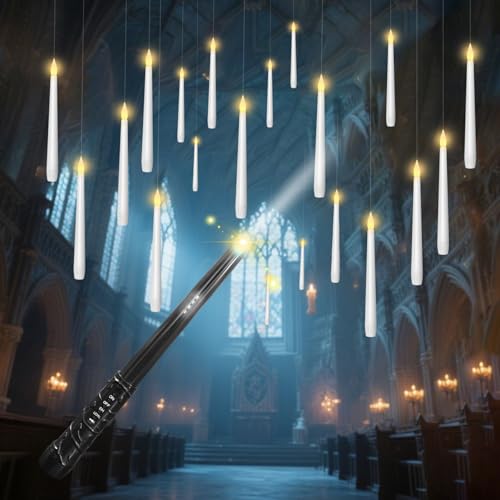 Image of Eebuss Flameless Floating Candles with Magic Wand, 20 Pcs Hanging Flickering LED Taper Candles, Battery Operated Taper Candle with Remote for Children Gift Halloween Decor (White)