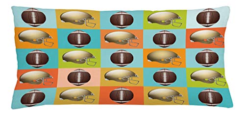 Lunarable Football Throw Pillow Cushion Cover, Colorful Squares Mosaic Pattern of Protective Equipment and Balls College Activity, Decorative Rectangle Accent Pillow Case, 36