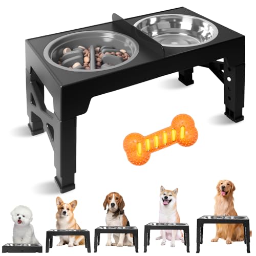 Auveach Ciotole per Cani Rialzate 5 Altezze Regolabile + Giocattolo da Masticare Forma dell'osso - Ciotola Inox 1200ml e Ciotola Anti Ingozzamento 800ml per Tutti i Cani (Nero)