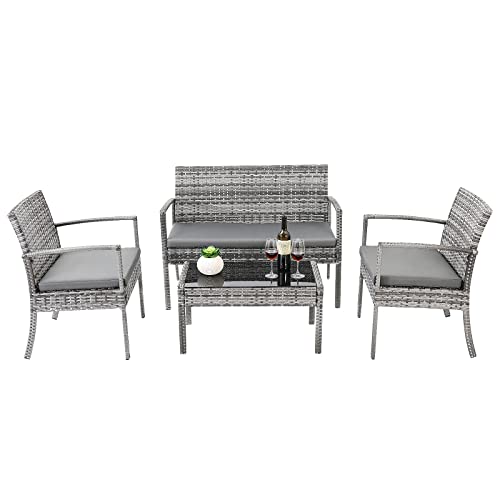 4 Piece Rattan Garden Furniture Set Patio Outdoor Rattan Table and Chairs, w/Comfortable Cushion, Double Sofa and 2 Armchairs, Tempered Glass Table