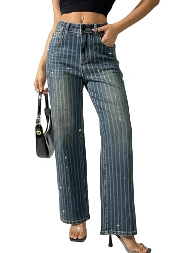 Women's Rhinestone Striped Jeans Wide Straight Leg Pants High Waist Stretch Denim Trouser 2025 Jeans