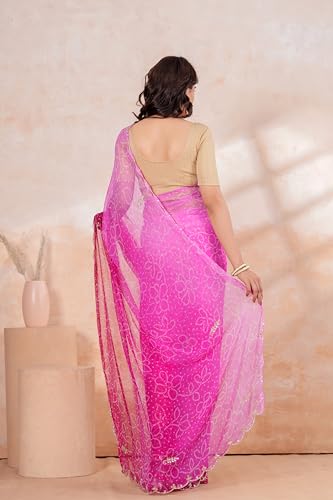 Image of Women's Net Saree with Embroidery with Unstitched Beige Blouse | Sheer Fabric Designer Saree for Women | Festive Ethnic Saree |