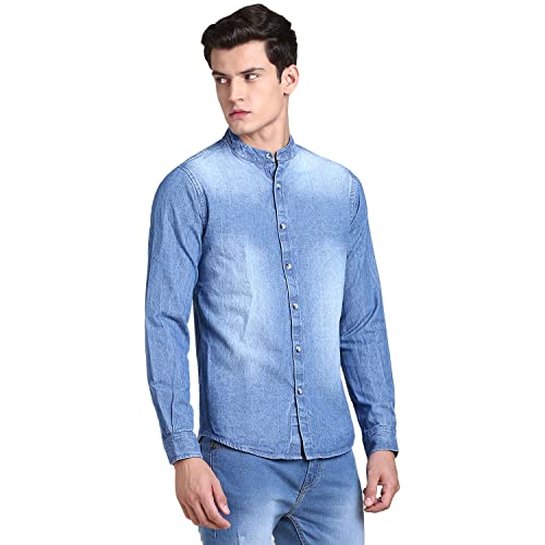 Image of Dennis Lingo Men's Solid Denim Cotton Slim Fit Full Sleeve Mandarin Collar Casual Shirt