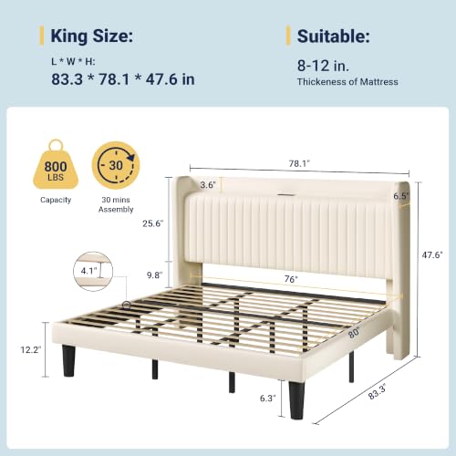 Image of Allewie King Size Platform Bed Frame with USB Charging Station and Storage Shelf /Upholstered Velvet Wingback Headboard /Wooden Slats Support /No Box Spring Needed /Easy Assembly, Cream