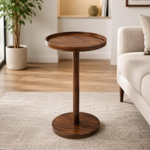 Image of Small Round Side Table Bamboo Drink Table with Pedestal Accent Coffee Martini Table for Small Spaces Living Room Bedroom Sofa Couch Modern Minimal Design (Brown)