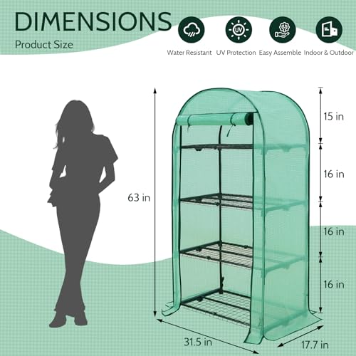 Image of EAGLE PEAK 4-Tier Mini Greenhouse Portable Green House with Shelves & Weather-Resistant PE Cover, Small Greenhouse for Seedlings & Gardening Gifts, 32x18x63 in, Clear /Green