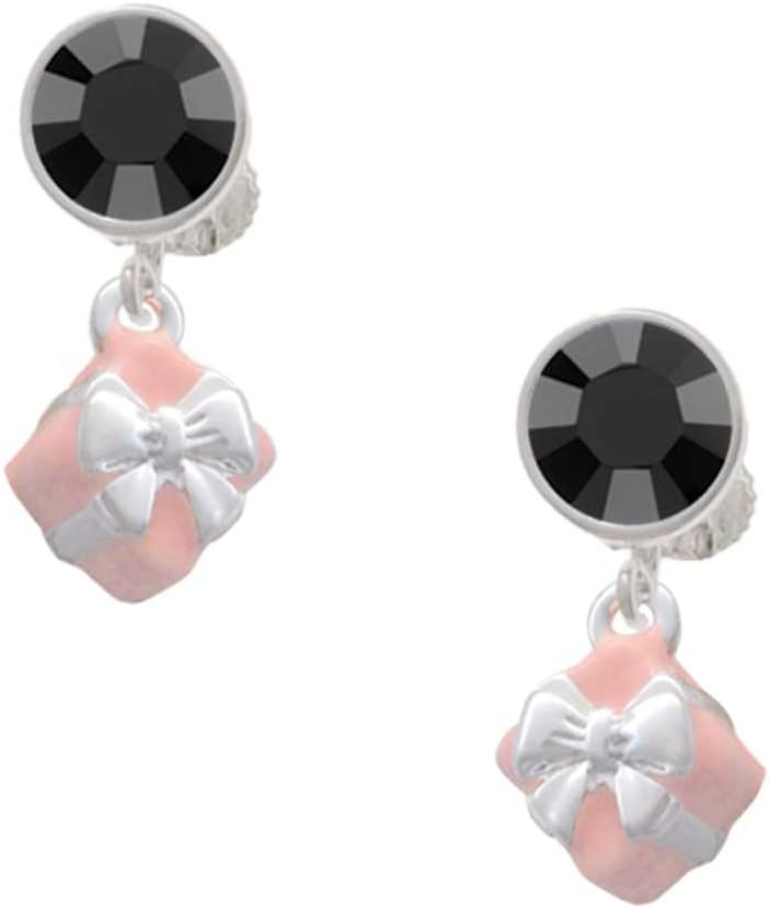 Delight Jewelry Silvertone Small 3-D Pink Present Box with Bow - Large Crystal Clip on Earrings