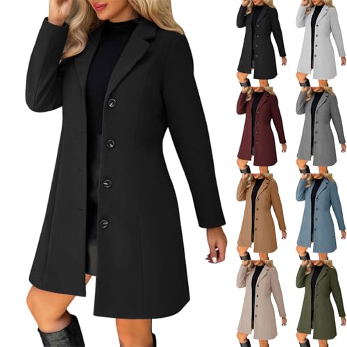 RRMuAzgs Fall Work Jackets for Women 2025 Plus Size Pea Coats for Women Wool Blend Trench Coat Winter Dressy Jacket Slim Single Breasted A-Line Peacoat with Pockets Black 3XL