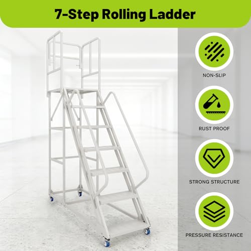 Image of 7-Step 23.3 inchW x 102.5 inchH Rolling Ladder with Handrails, Non-Slip Platform, Lockable Wheels, 1500LBS Capacity, Industrial & Warehouse Stairs, Easy to Move,Stable for Library, Supermarket, Garage