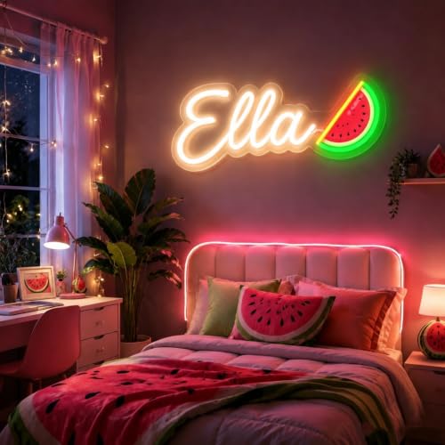 Image of Custom Name Neon Sign with Watermelon Personalized LED Neon Light Sign for Wall Decor Kid's Bedroom Birthday Party Wall Art Christmas Gift