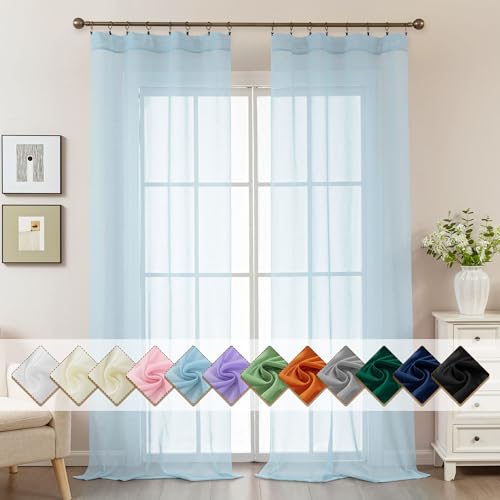 Image of Blue Sheer Curtains 96 Inches Long, Privacy Semi Sheer Curtains for Living Room Bedroom, Light Filtering Rod Pocket Voile Window Drapes 2 Panels Set, Each 42 inch W x 96 inch L
