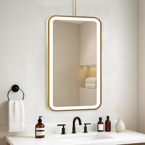 Espejo de baño rectangular con luces LED，Espejo de tocador para colgar en el techo，Espejos de pared grandes con brazo montado en el techo，Espejos decorativos con marco de metal dorado(50cmx60cm)