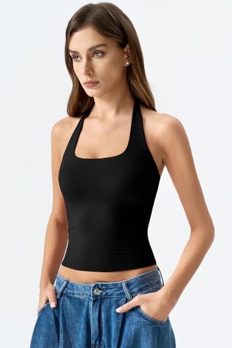 Image of QINSEN Womens Halter Top Double Lined Tank Top Sleeveless Open Back Slim fit Going Out Tops