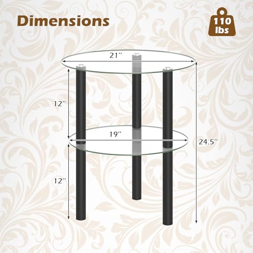 Image of GIANTEX Round End Table, 2-Tier Sofa Side Table with Clear Tempered Glass Top & Shelf, Small Accent Table with Solid Rubber Wood Legs for Living Room Bedroom Home Office (Black & Clear)