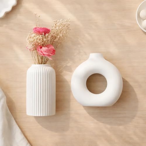 Image of SPHINX White Ceramic Donut Vase, 6 Inch Donut and 6 inch Ribbed Modern Flower Vase for Pampas Grass, Dried Flowers, Home & Office Decor, Centerpiece, Handcrafted Gift Vase (Pack of 2 Only)