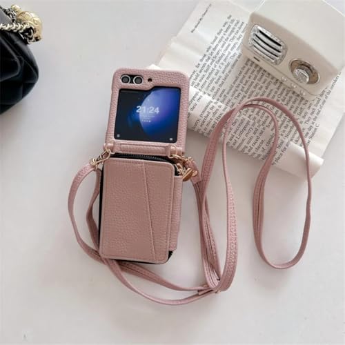 Étui portefeuille Galaxy Z Flip4 rose avec fermeture éclair et porte-cartes en cuir chic