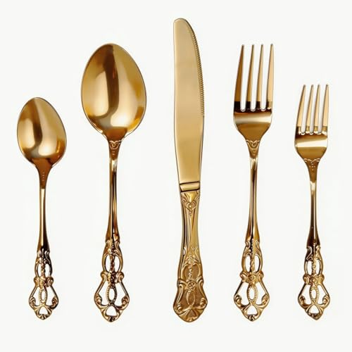 Set de Couverts 5 Pièces Or Vintage, Ménagère Dorée Baroque en Acier Inoxydable, Service de Table Luxe Sculpté en Relief avec Couteau Steak Cuillère...