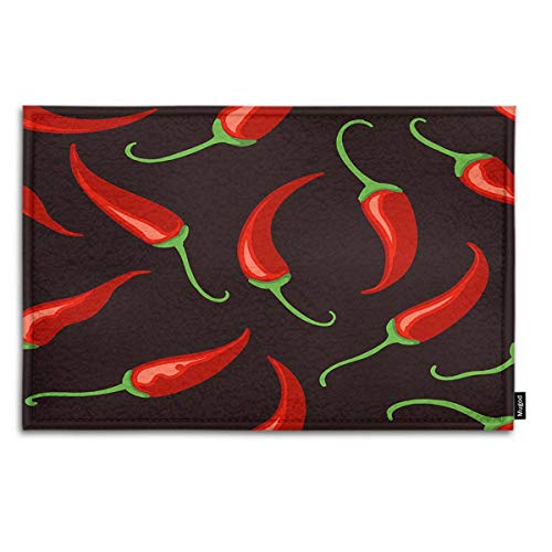Mugod Red Chilli Pepper Indoor Outdoor Doormat Tabasco Chilli Spices Pepper Black Seamless Pattern Funny Doormats Bathroom Kitchen Decor Area Rug Non Slip Entrance Door Floor Mats, 18  X 30 
