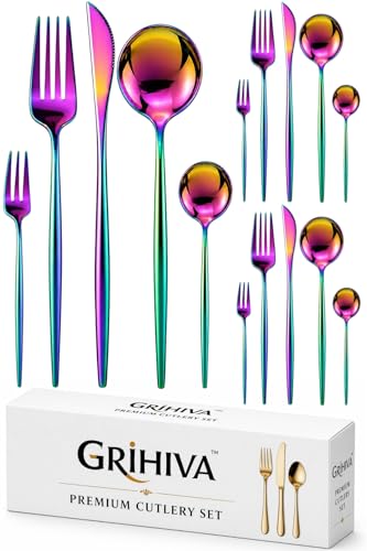 Image of 15 Pcs Rainbow Cutlery Set for Dining Table the Perfect Lightweight Silim Handle Tableware Including Dinner Spoon, Dinner Fork, Dinner Knife, Dessert Spoon & Dessert Fork