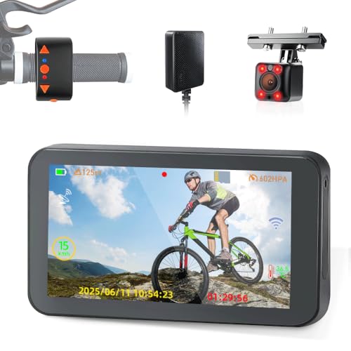 VSYSTO Cámara de bicicleta 1080P con visión nocturna por infrarrojos y ordenador GPS para bicicleta con pantalla de espejo retrovisor de 4,5 pulgadas, impermeable, aplicación WiFi y memoria de 256 GB