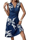 Milumia Women's Floral Print Twist Front V Neck Midi Tank Dress Sleeveless Swing Dresses Navy Blue Medium