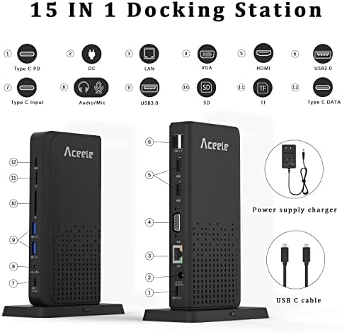 Aceele USB C Docking Station Triple Display 15 in 1 USB C Hub SD/TF, HDMI, VGA, LAN, Audio, 100W PD, Multiport Adapter for MacBook Pro/Air, Dell XPS, HP, Surface, Lenovo
