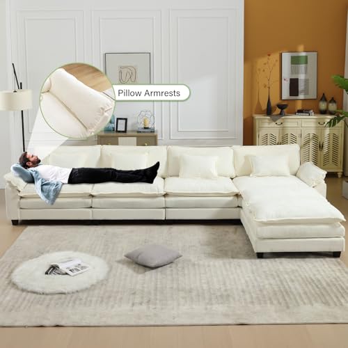 Image of Oprisen 154 inch Modular Sectional Sofa, Comfy Cloud Couch Sectional Sofa with Ottoman, Chenille Sofa Sleeper Deep Seat Sofa with Throw Pillows for Living Room (Beige White, 154 inch- U Shape)