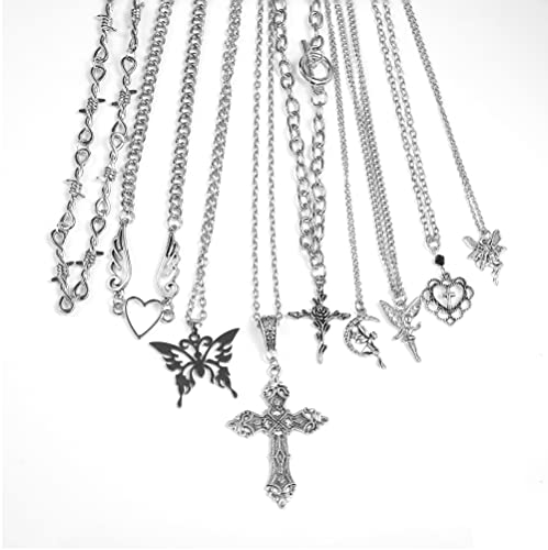 9 Pcs Grunge Necklace Set Goth Cross Fairy Thorns Gothic Angel Heart Feather Chain Choker Necklace for Women Teen Girls2